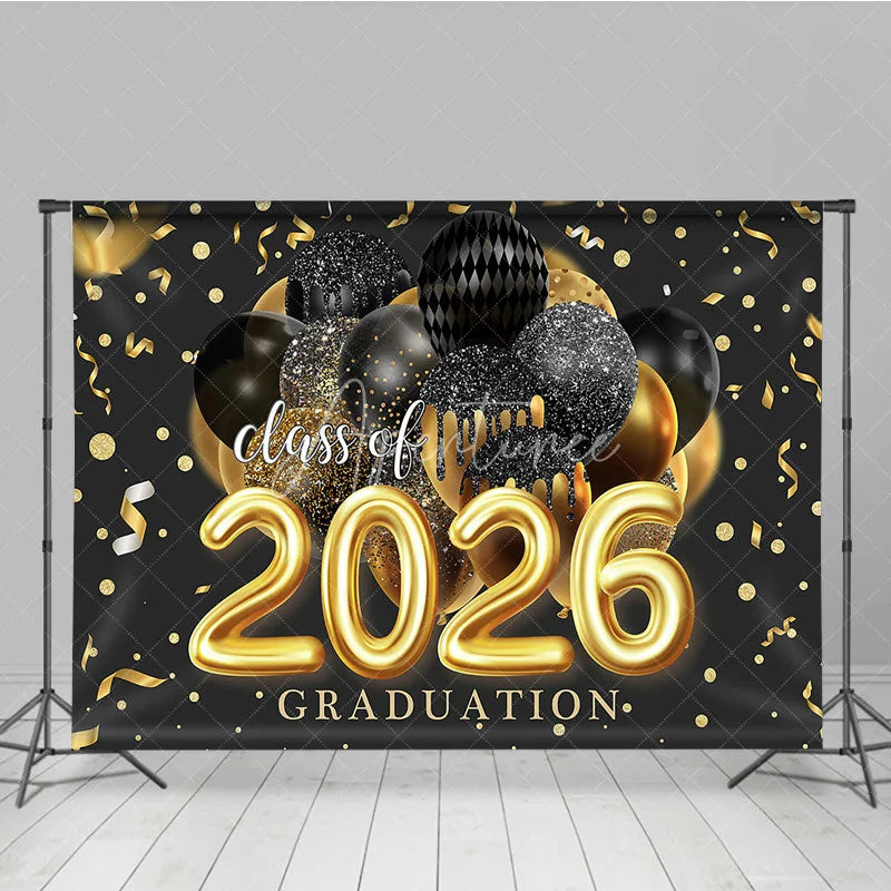 Aperturee - Black Gold Balloon Ribbon Class Of 2026 Grad Backdrop