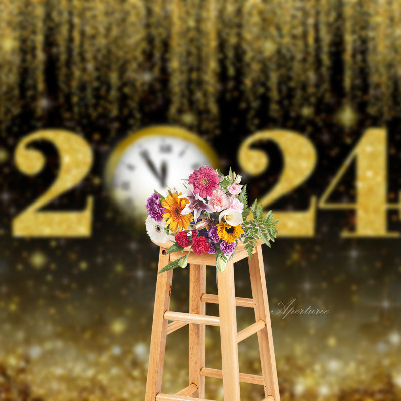 Aperturee - Black Gold Bokeh Clock Happy New Year Backdrop