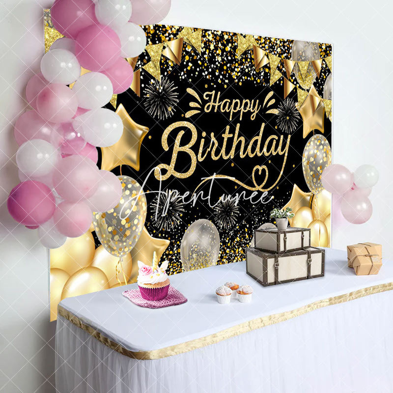 Aperturee - Black Gold Glitter Balloons Sparkle Birthday Backdrop