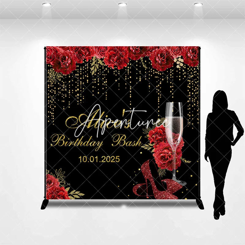 Aperturee - Black Gold Red Rose Custom Name Birthday Backdrop