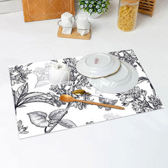 Aperturee - Black Hand Drawing Floral Leaves Set Of 4 Placemats