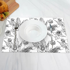 Aperturee - Black Line Drawing Floral Leaf Set Of 4 Placemats