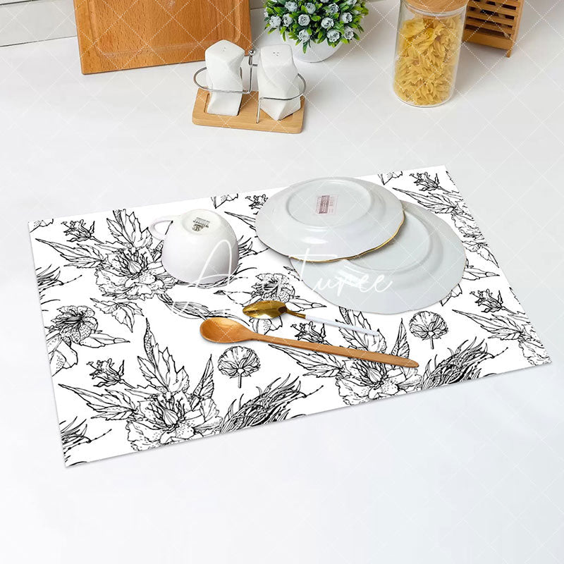 Aperturee - Black Line Drawing Floral Leaf Set Of 4 Placemats