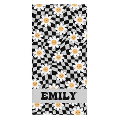 Aperturee - Black Plaid Daisy Floral Custom Name Beach Towel