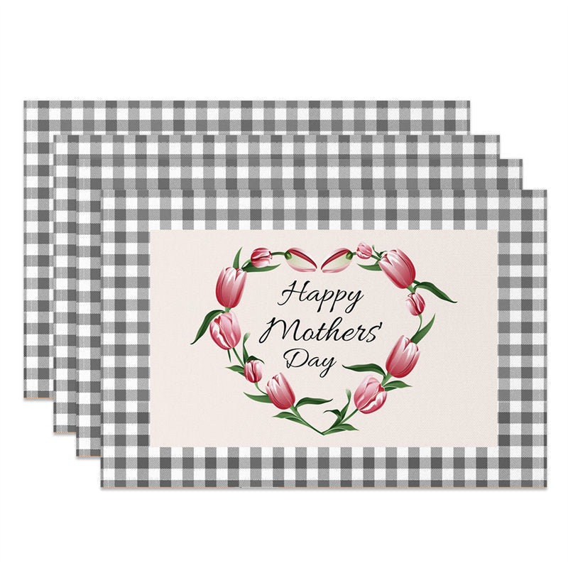 Aperturee - Black Plaid Floral Mothers Day Set Of 4 Placemats