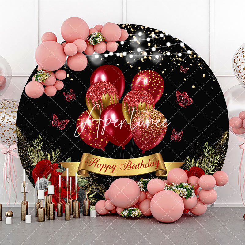 Aperturee - Black Red Floral Balloons Round Birthday Backdrop