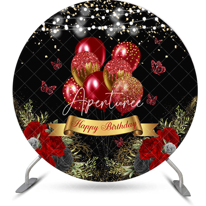 Aperturee - Black Red Floral Balloons Round Birthday Backdrop