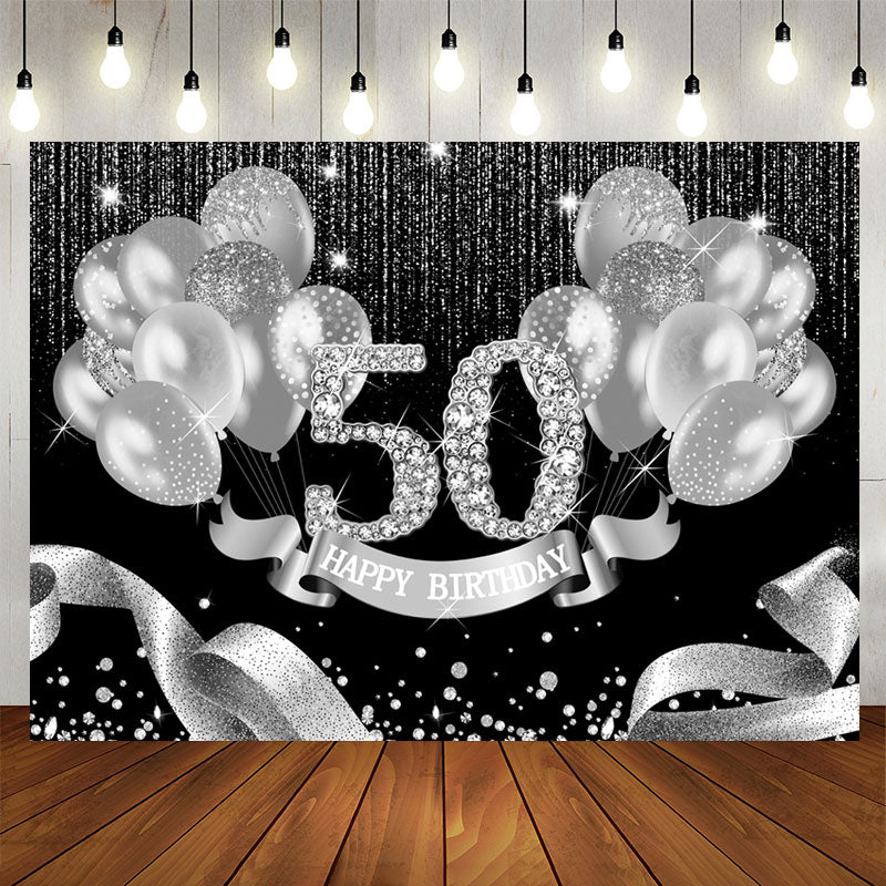 Aperturee - Black Silver Balloons Happy 50Th Birthday Backdrop