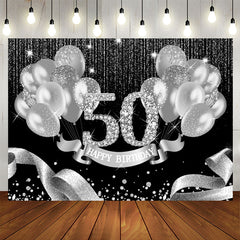 Aperturee - Black Silver Balloons Happy 50Th Birthday Backdrop