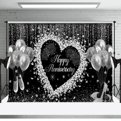 Aperturee - Black Silver Balloons Happy Anniversary Backdrop