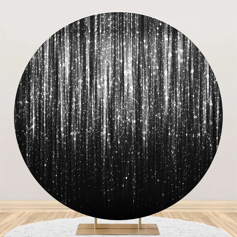 Aperturee - Black Silver Glitter Stripes Round Birthday Backdrop