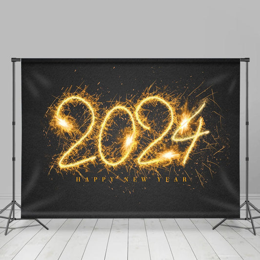 Aperturee - Black Sparkle Glitter 2024 Happy New Year Backdrop
