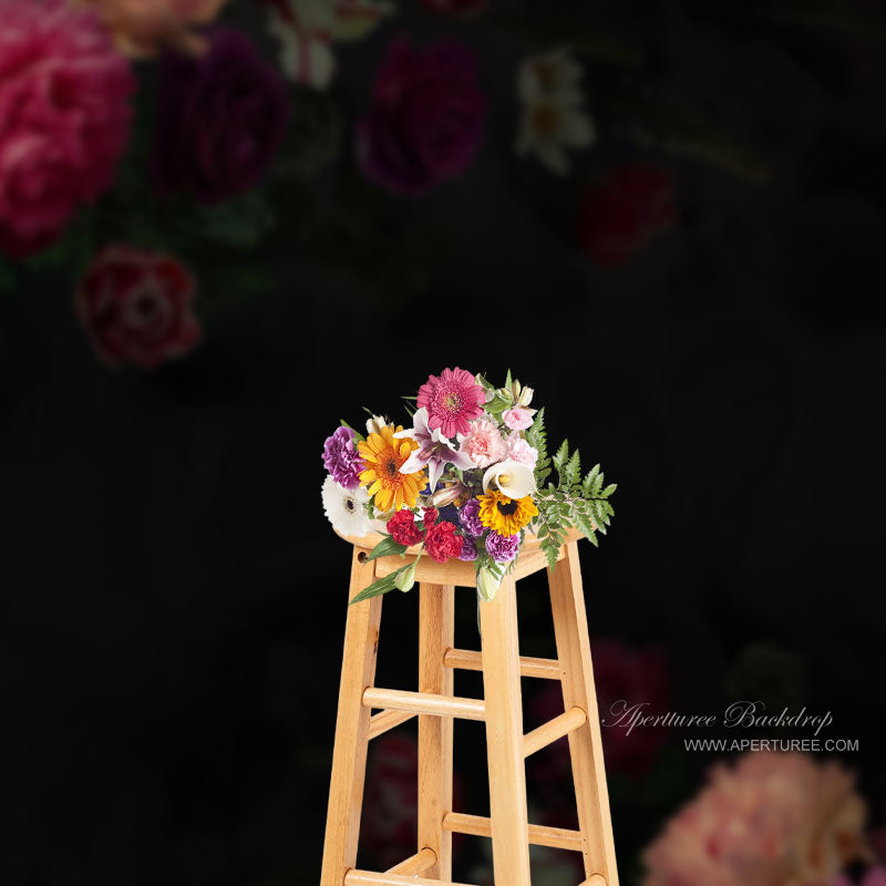 Aperturee - Black Vintage Blossom Floral Photography Backdrop