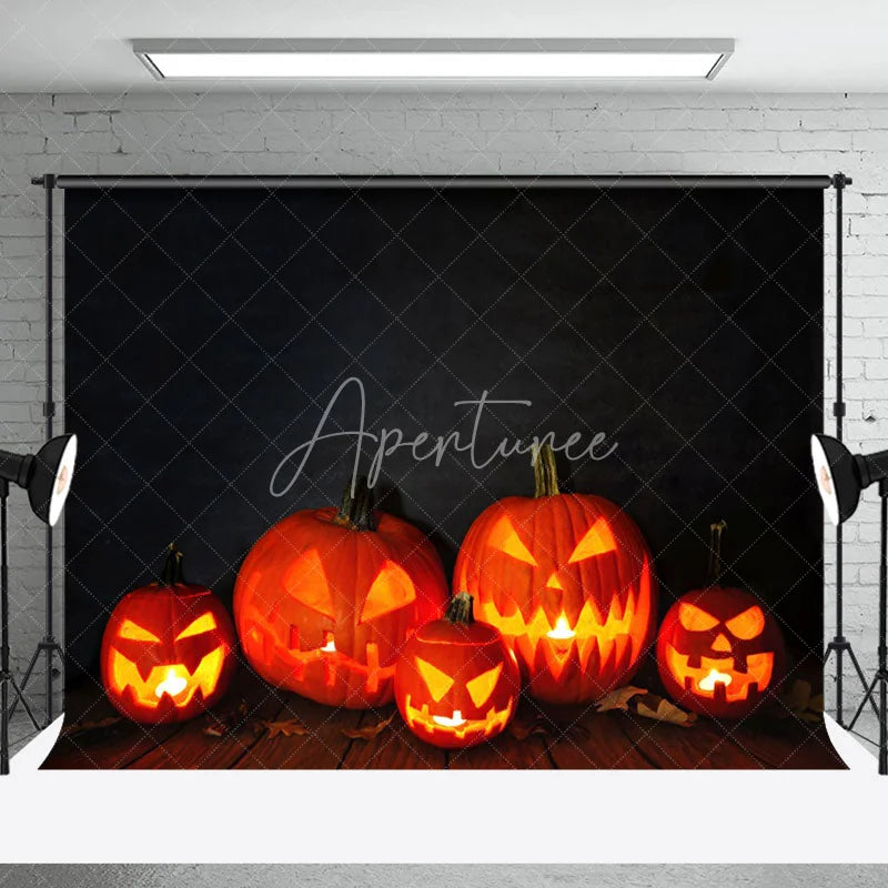 Aperturee - Black Wall Pumpkin Lantern Wooden Floor Backdrop