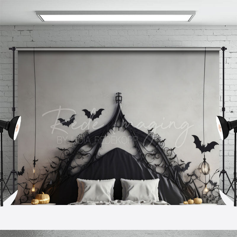 Aperturee - Black White Bat Headboard Halloween Photo Backdrop