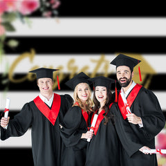 Aperturee - Black White Stripe Floral Congrats Grad Photo Backdrop