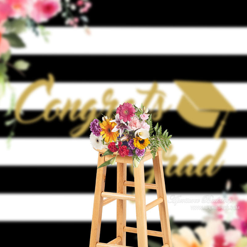 Aperturee - Black White Stripe Floral Congrats Grad Photo Backdrop