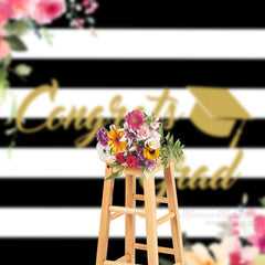 Aperturee - Black White Stripe Floral Congrats Grad Photo Backdrop