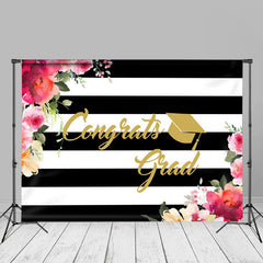 Aperturee - Black White Stripe Floral Congrats Grad Photo Backdrop