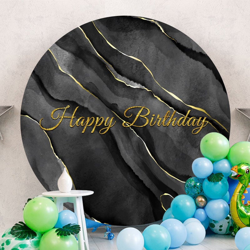Aperturee - Black With Gold Round Happy Birthday Backdrop