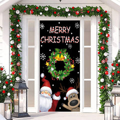 Aperturee - Black Wreath Santa Reindeer Christmas Door Cover