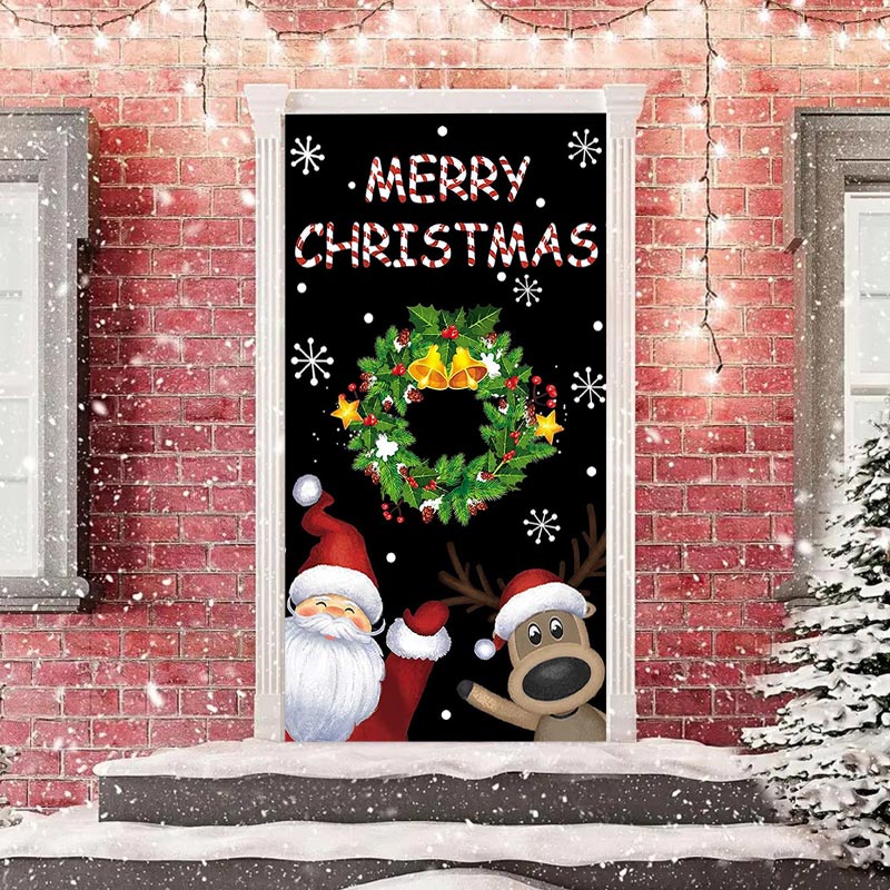 Aperturee - Black Wreath Santa Reindeer Christmas Door Cover