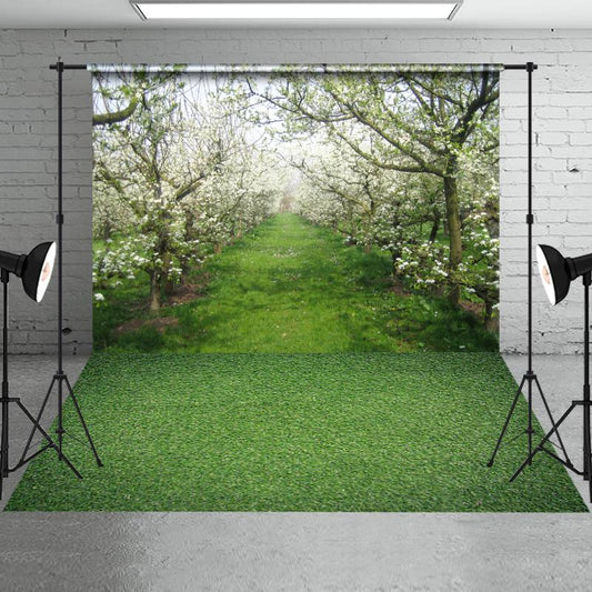 Aperturee - Blooming Flowers Apple Tree Spring Backdrop+Green Grass Field Floor Backdrop