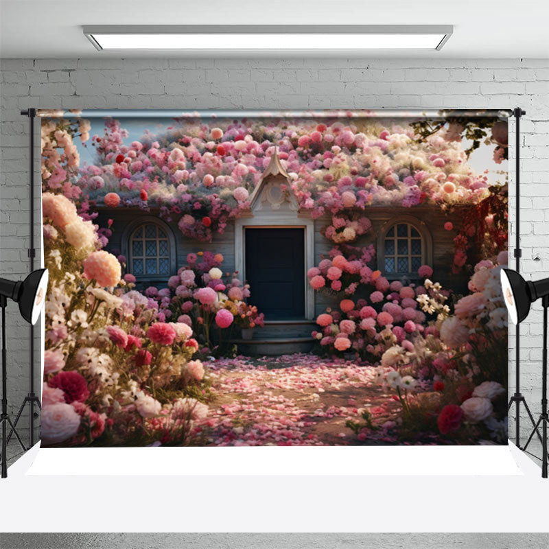 Aperturee - Blooming Flowers Wooden House Door Spring Bakcdrop