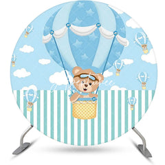 Aperturee - Blue Air Balloon Bear Round Baby Shower Backdrop