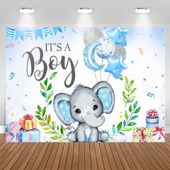 Aperturee - Blue And Glitter Balloon Elephant Baby Shower Backdrop