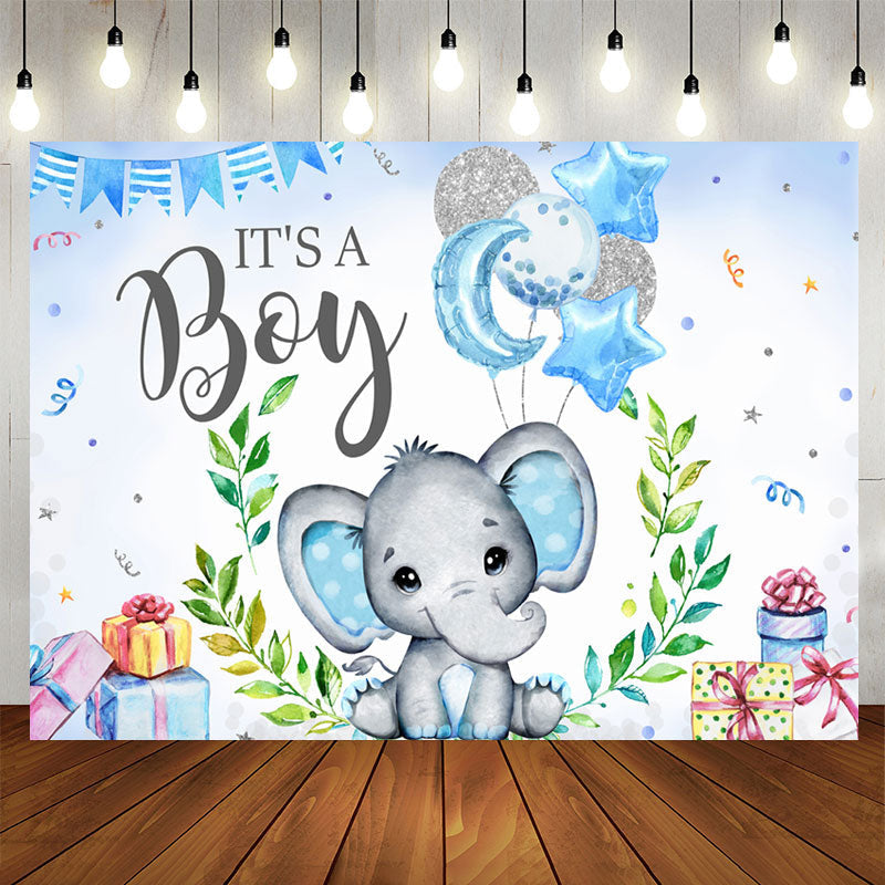 Aperturee - Blue And Glitter Balloon Elephant Baby Shower Backdrop
