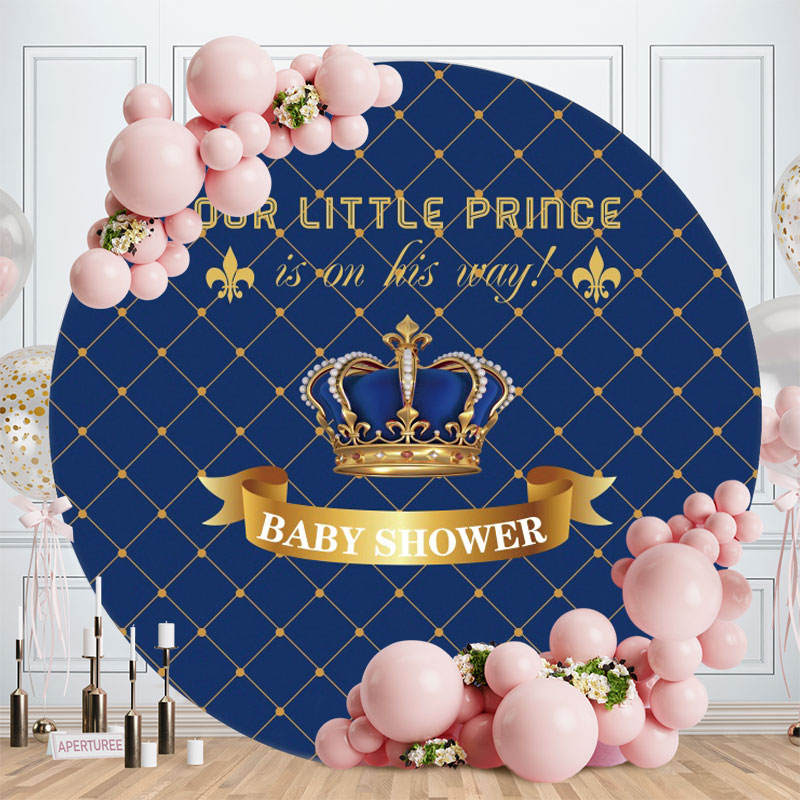 Aperturee - Blue And Gold Crown Round Baby Shower Backdrop