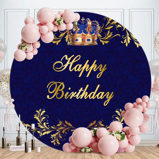 Aperturee - Blue And Golden Crown Happy Birthday Circle Backdrop
