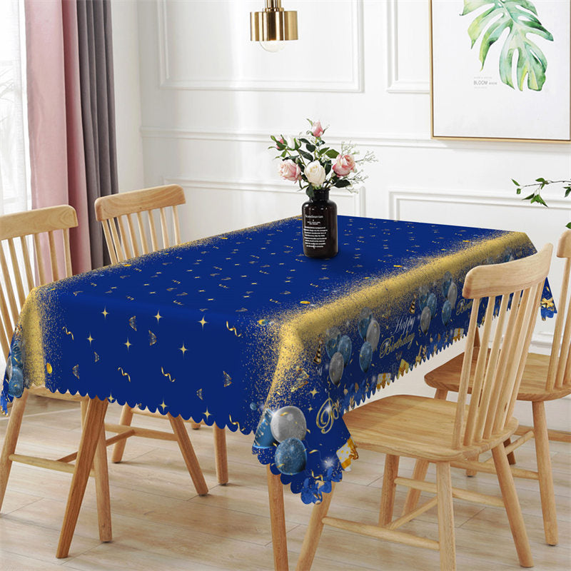 Aperturee - Blue And Golden Ribbons Balloons Birthday Tablecloth