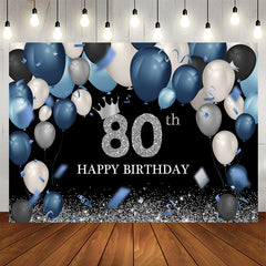 Aperturee - Blue And Silver Balloons Happy 80Th Birthday Backdrop
