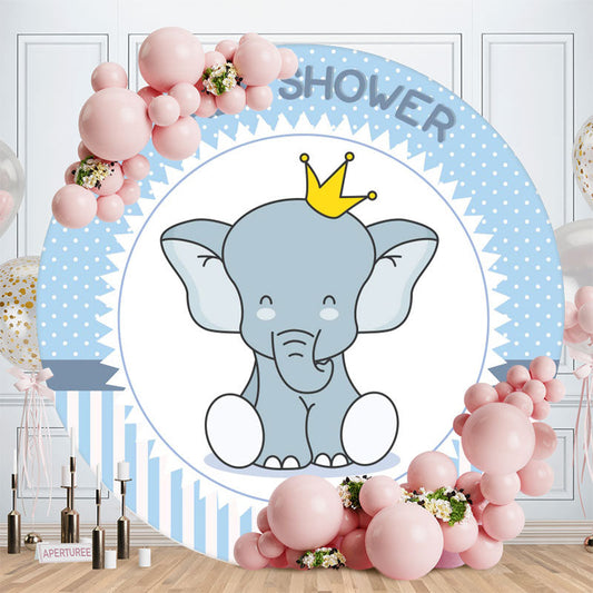 Aperturee - Blue And White Elephant Round Baby Shower Backdrop