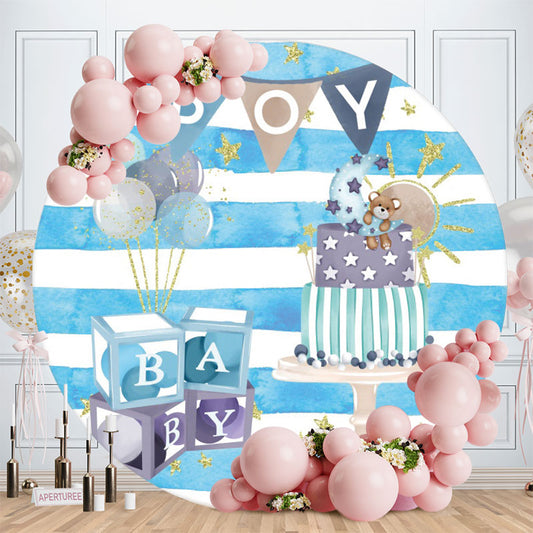 Aperturee - Blue And White Stripes Round Boys Baby Shower Backdrop