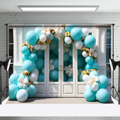 Aperturee - Blue Arch Balloons And White Door Birthday Backdrop