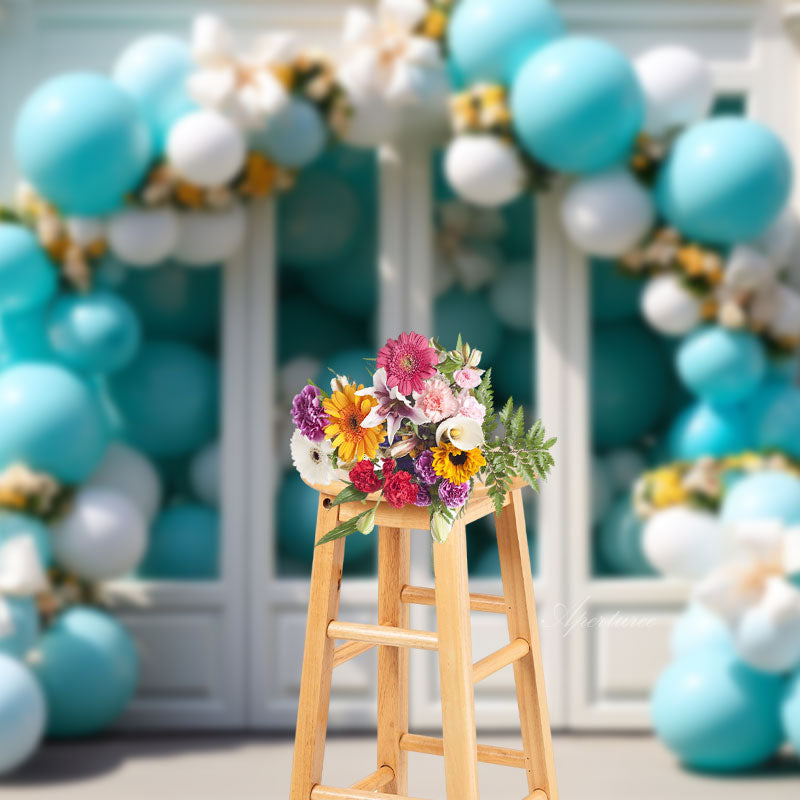 Aperturee - Blue Arch Balloons And White Door Birthday Backdrop