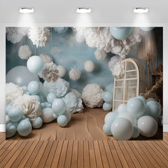 Aperturee - Blue Balloons White Velvet Flower Birthday Backdrop