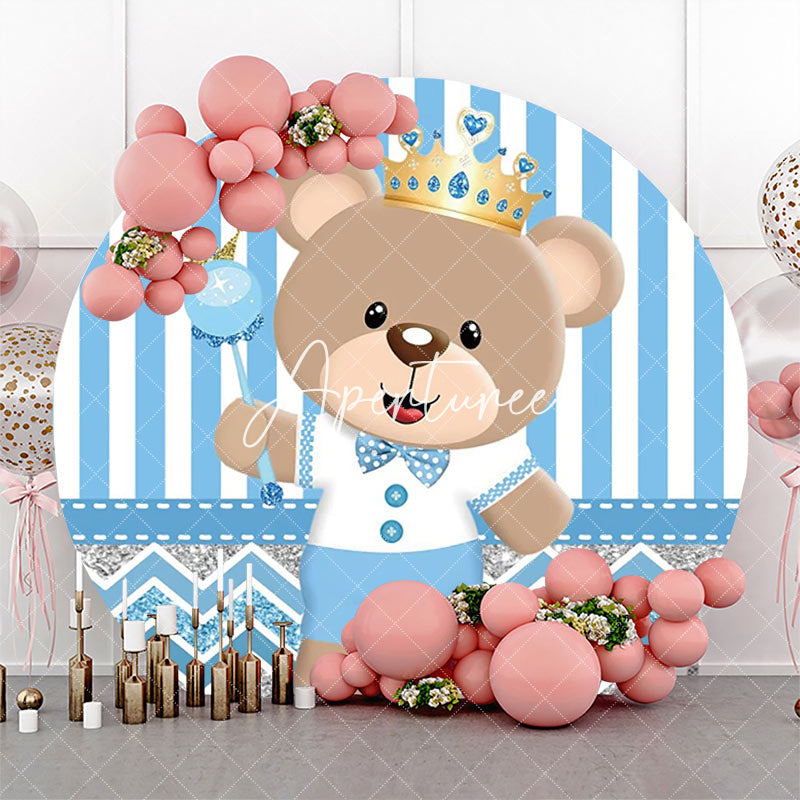 Aperturee - Blue Bear Crown Stripe Round Baby Shower Backdrop