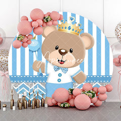 Aperturee - Blue Bear Crown Stripe Round Baby Shower Backdrop