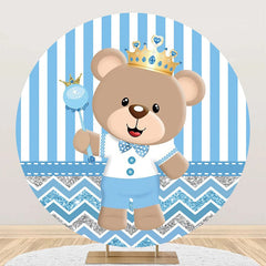 Aperturee - Blue Bear Crown Stripe Round Baby Shower Backdrop