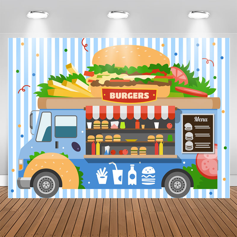 Aperturee - Blue Burgers Truck Theme Birthday Backdrop For Boys