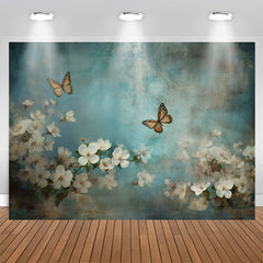 Aperturee - Blue Butterfly And White Flowers Birthday Backdrop