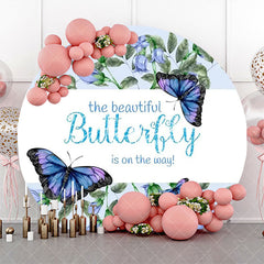 Aperturee - Blue Butterfly Floral Round Baby Shower Backdrop