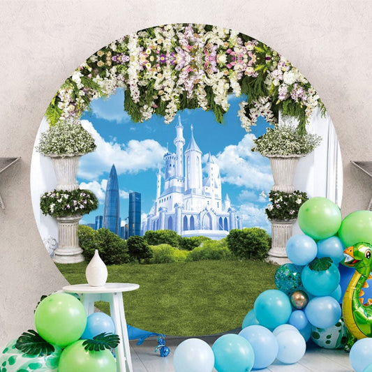 Aperturee - Blue Castle And Floral Round Wedding Backdrop