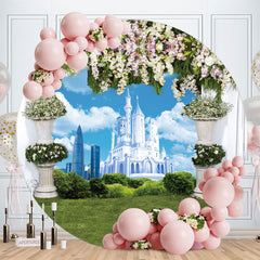 Aperturee - Blue Castle And Floral Round Wedding Backdrop