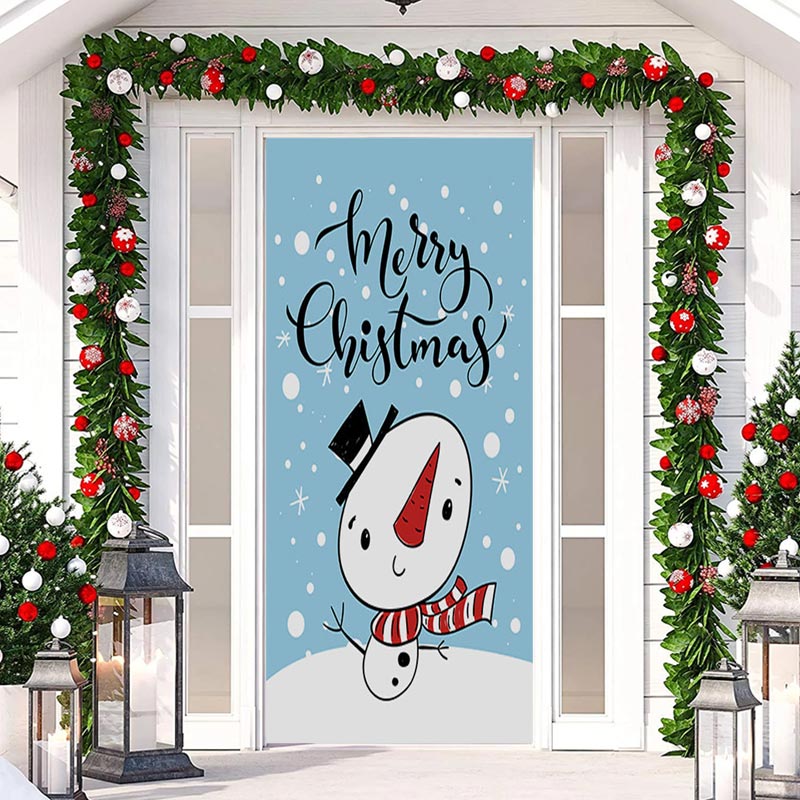 Aperturee - Blue Cute Snowman Snowy Merry Christmas Door Cover