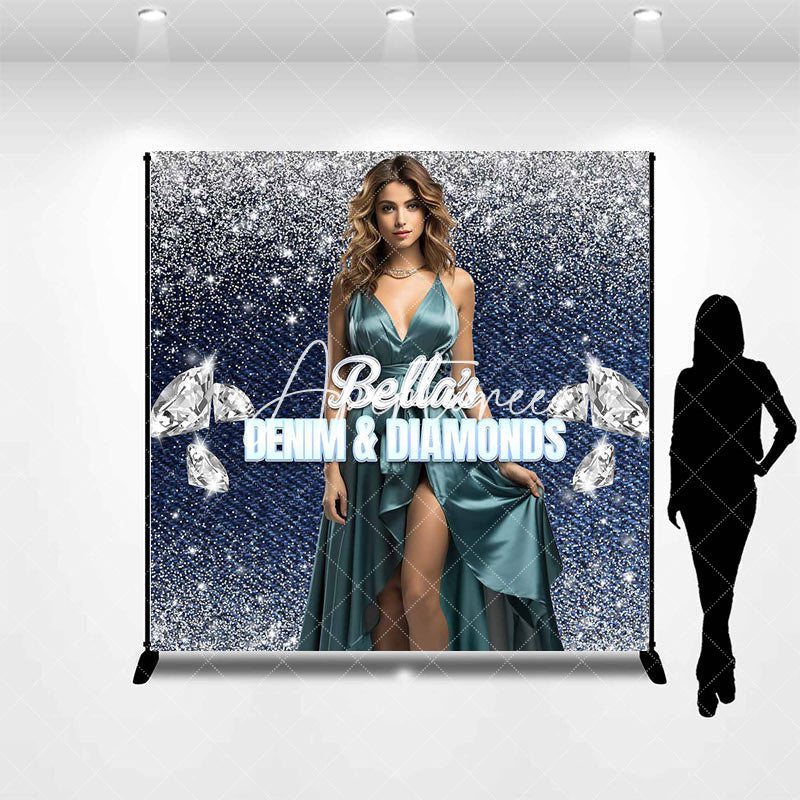Aperturee - Blue Denim Diamonds Glitter Custom Birthday Backdrop